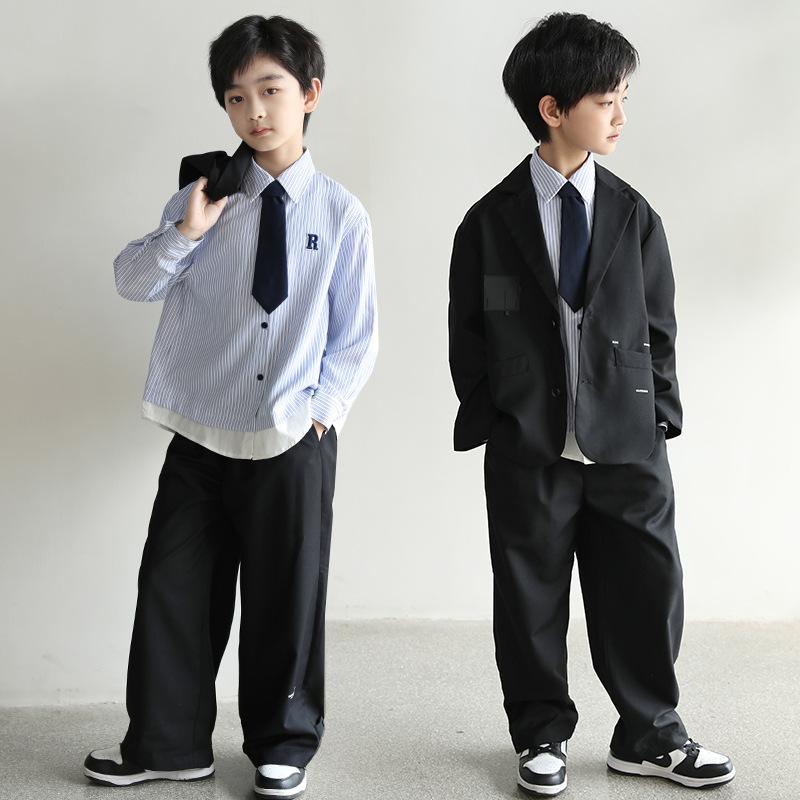 子供用スーツ 男の子 フォーマル スーツ 上下セット 長袖シャツ ロングパンツ おしゃれ ストライプ柄 コットン 春秋 カジュアル 入学式 卒業式 七五三 発表会 結婚式