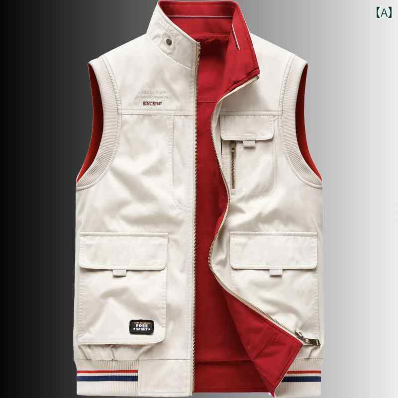 春秋 メンズカジュアル ベスト リバーシブル コットン ルーズ ジャケット 男性用 マルチ ポケット ウエ..