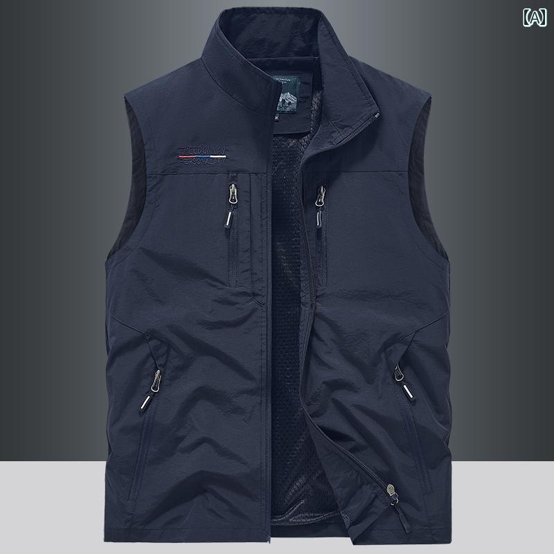 Vests - 屋外 秋 ベスト メンズ 春秋 カジュアル マルチ ポケット 写真 撮影 釣り ノースリーブジャケット.カラフルカラーオシャレ