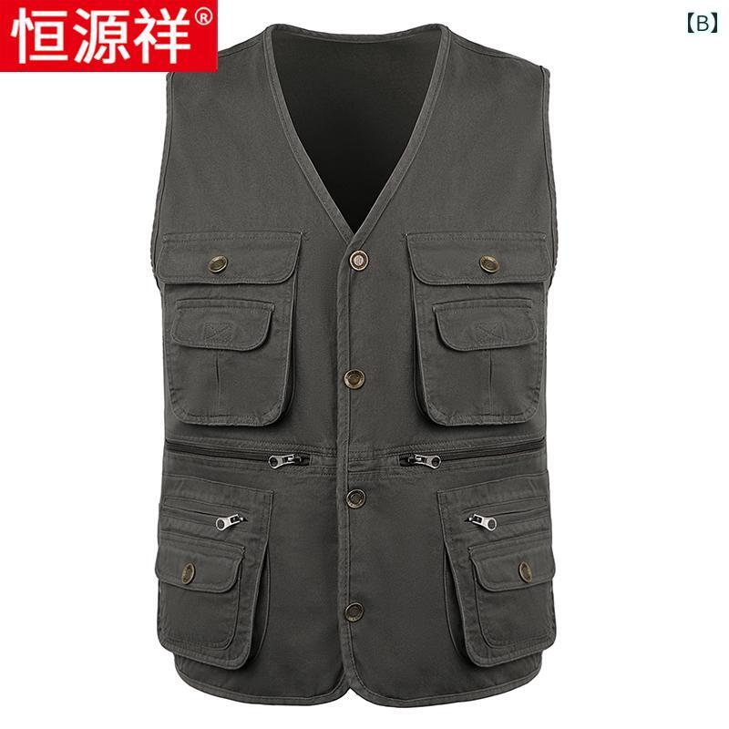 LINEAR shopの恒 元 祥 パパ ベスト 春秋 スタイル 綿 メンズ マルチ ポケット 作業服 カジュアル アウトドア フィッシングベスト.オシャレ｜アングル2