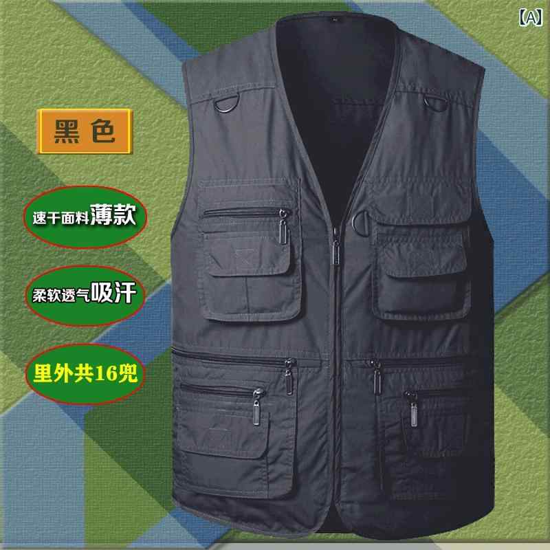 60代の 大きいサイズ ベスト 複数の ポケット 付き 春夏 速乾性 カジュアル 釣り 作業用 写真 撮影用 ..