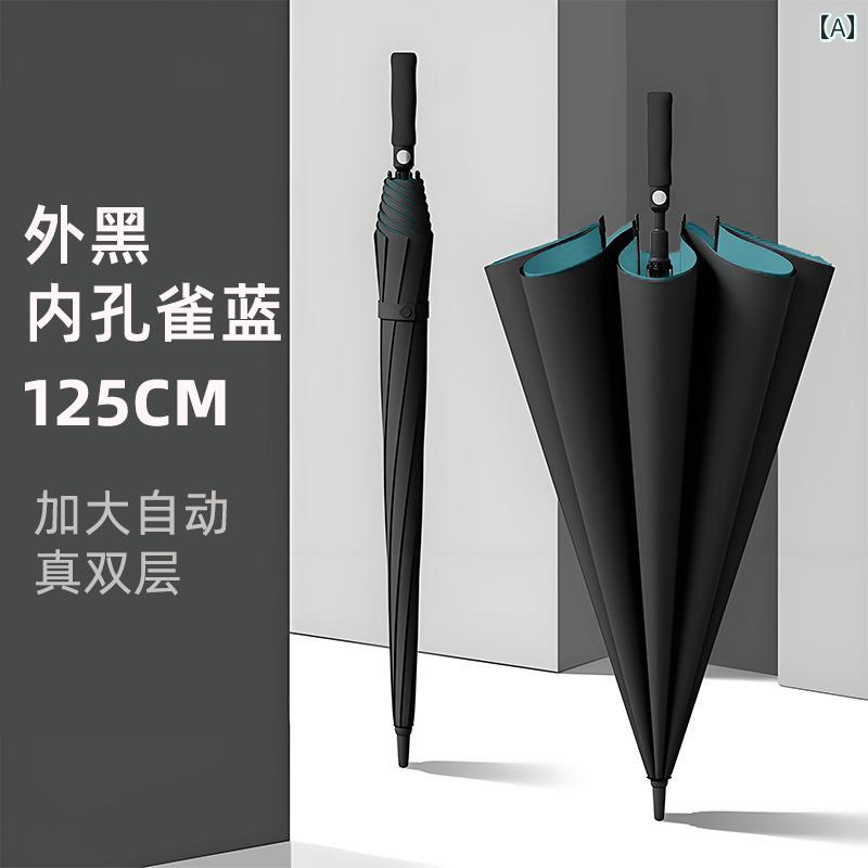 二重層 自動 傘 長柄 特大 補強 厚く 丈夫 耐風性 男性用 3人用 ストレート ハンドル ブラック ブルー ..