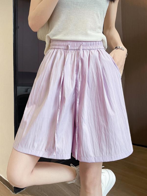 ハーフパンツ レディース 接触冷感 高腰 ワイドパンツ ポリエステル 褶皺 薄手 Aライン ゆったり ピンク系