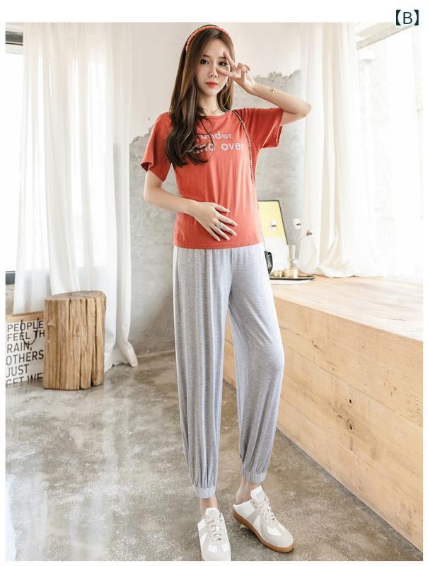LINEAR shopのマタニティ パンツ 春夏 9分丈 妊婦 ズボン 宽松 リラックス ハーレムパンツ 調整可能 腹バンド ポリエステル 高伸縮性 ブラック グレー｜アングル3