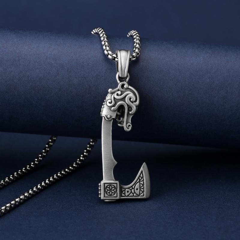 ネックレス メンズ 北欧 バイキング 海賊 斧 チタン鋼 ロング ペンダント 護符 お守り ボックスチェー..