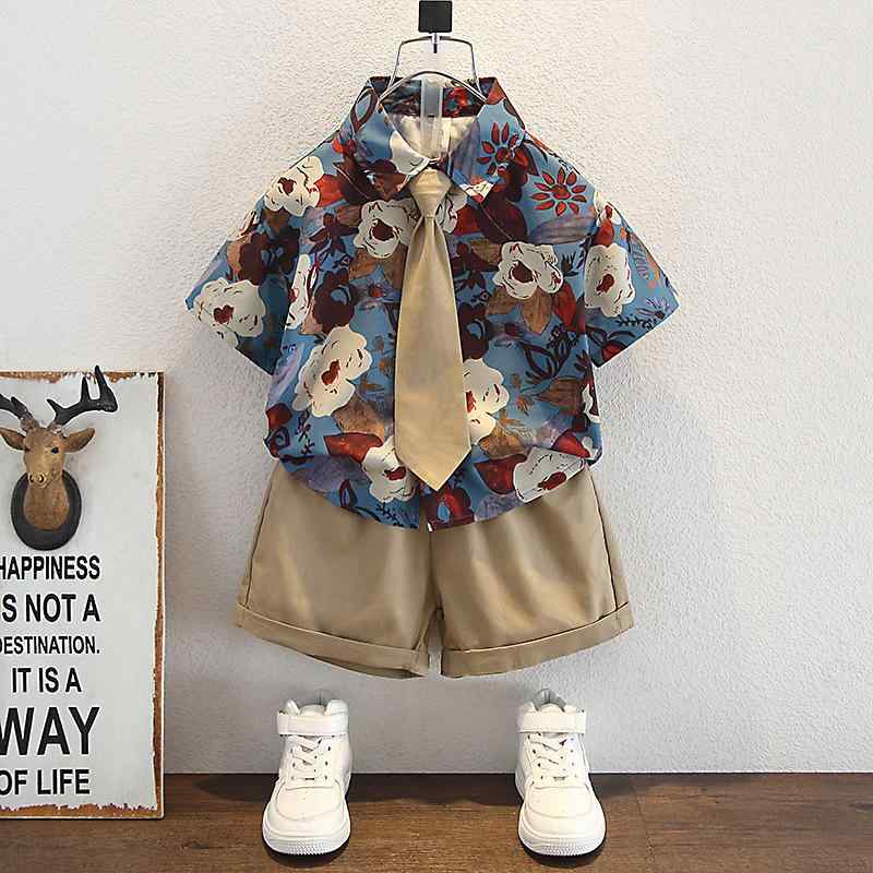 子供用セットアップ 半袖シャツ ショートパンツ 2点セット 男の子 花柄 襟付き カワイイ 薄手 ポリエス..