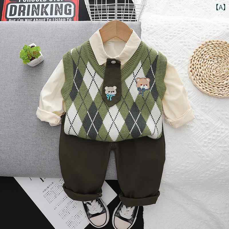 キッズ ベビー服 男の子 3点セットアップ 小熊 領 幼児 子供服 春秋 長袖 トップス 長ズボン セーター かわいい コットン
