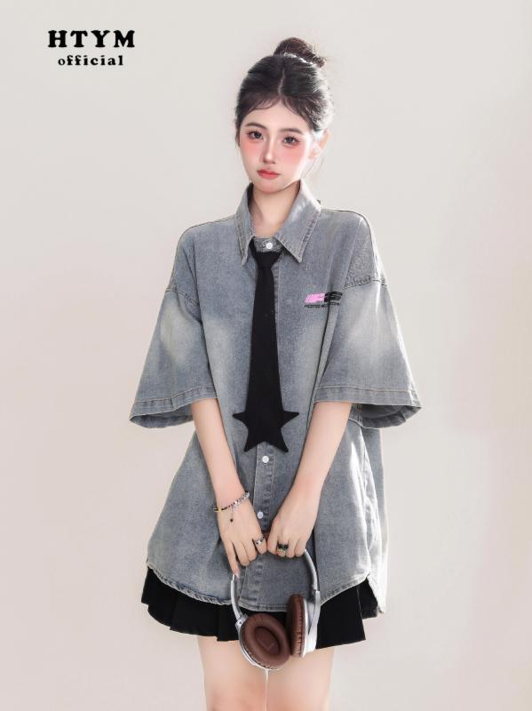 シャツ レディース メンズ 星柄 プリント ウォッシュド デニム トップス 半袖 ルーズフィット タイプラ..