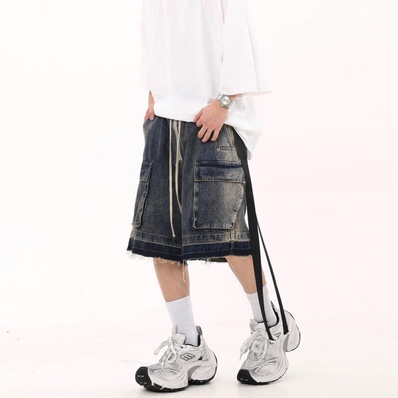 デニム メンズ ハーフパンツ ダメージ加工 ストリート 高腰 ワイドパンツ ウォッシュ加工 ジーンズ ジーパン 男性用 7分丈 5分丈 ゆったり ズボン パンツ ボトムス