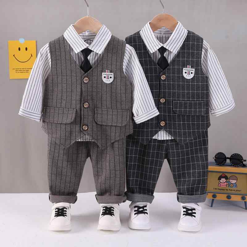 キッズ フォーマル スーツ 3点セット（シャツ ベスト パンツ）長袖 ストライプ柄 コットン 80 90 100 1..