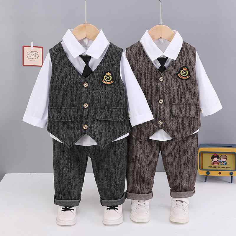 子供用フォーマルスーツ 3点セット 春秋物 縦縞模様 エンブレム付き ベスト 長ズボン 80cm 90cm 100cm 110cm 120cm 綿80%