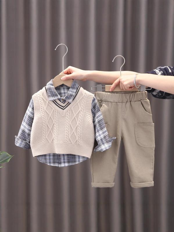 子供用ニットベストセットアップ 春秋物 男児用 長袖トップス パンツ 上下3点セット 80cm 90cm 100cm 1..