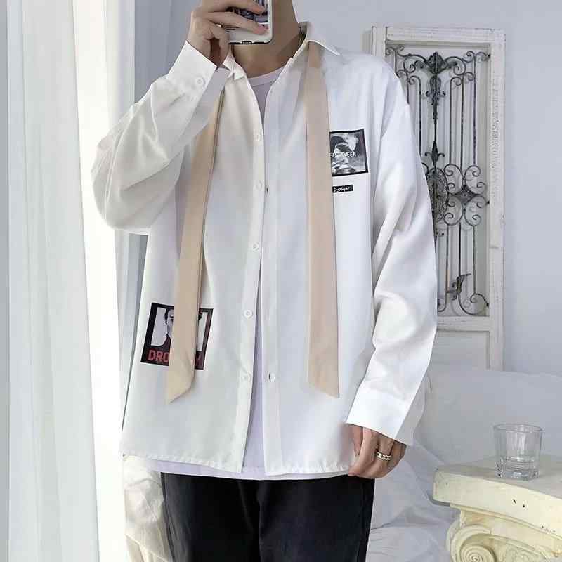 シャツ メンズ 男性用 トップス 長袖 プリント柄 襟付き コットン混紡 ゆったり カーディガン風 春秋 カジュアル ブラック 黒 ホワイト 白 カーキ