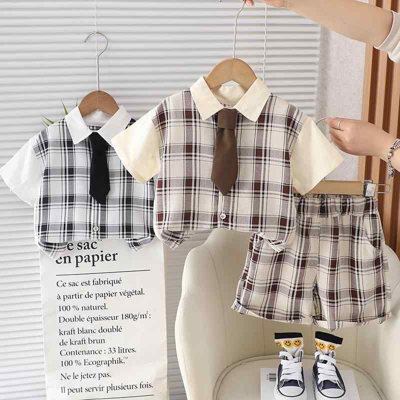 シャツ キッズ 男の子 半袖 チェック柄 襟付き フォーマル カジュアル 2点セット 薄手 綿 ブラック ブラウン系 80cm 90cm 100cm 110cm 120cm 130cm