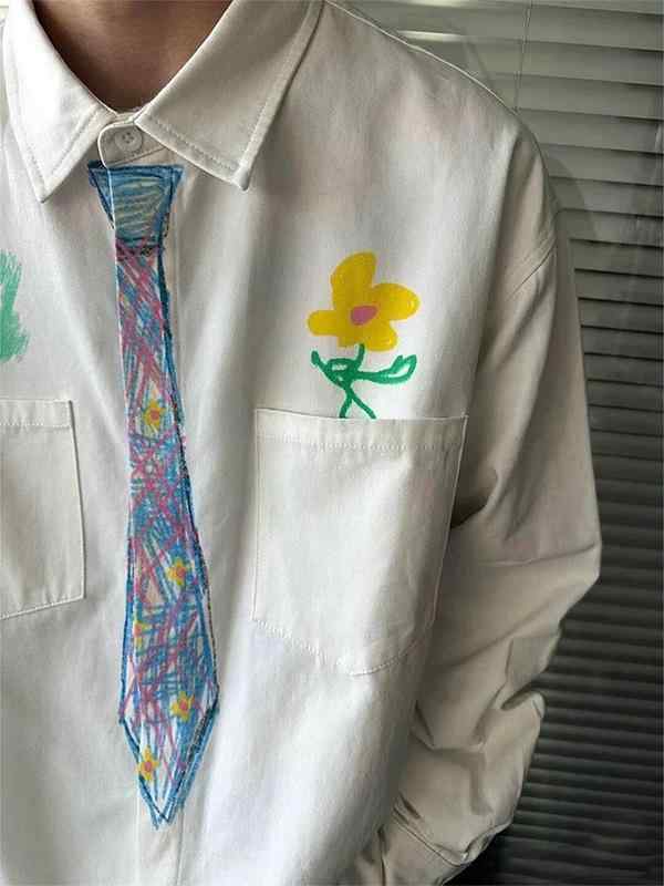 シャツ メンズ 長袖 ポリエステル 襟付き トップス ブラウス 手描き風 プリント柄 日式 复古風 カジュアル ホワイト 白 M L XL XXL XXXL