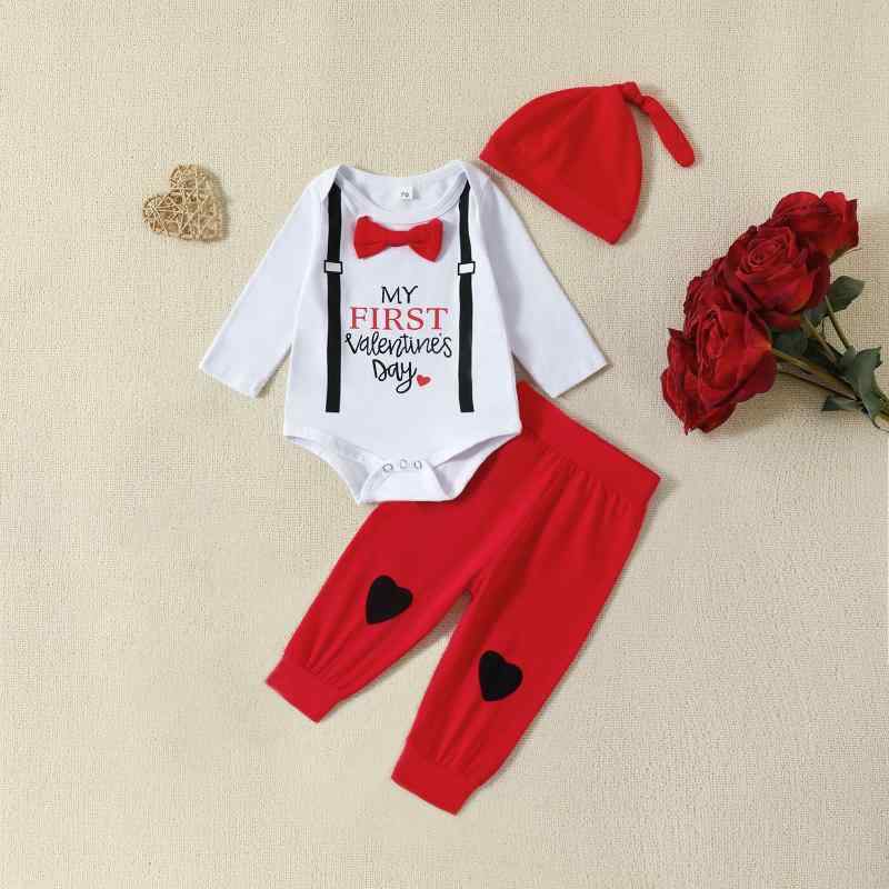 ベビー服 男の子 3点セット 春秋 長袖 ロンパース 長ズボン 帽子 アルファベット柄 ハート柄 コットン(x3)