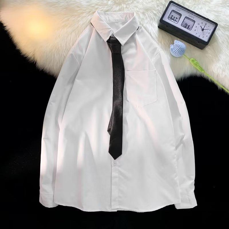シャツ 男女兼用 長袖 無地 ホワイト 白 トップス 襟付き 学生 卒業式 港風 カジュアル