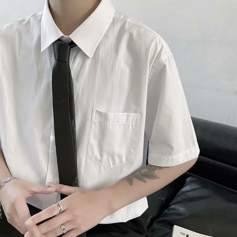 シャツ メンズ 半袖 トップス 礼服 ブラウス 無地 ポリエステル 形態安定 ビジネス オフィス カジュアル スクール ネクタイ付き ホワイト 白 S M L XL XXL XXXL(x2)(4)