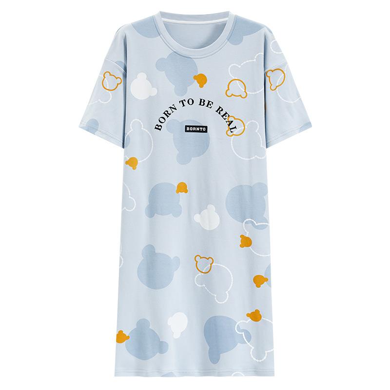 ワンピース レディース 半袖 ラウンドネック 胸パッド付き 膝丈 ルームウェア 部屋着 パジャマ 薄手 ポ..