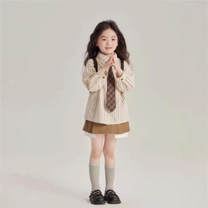 シャツ ガールズ ベビー 子供服 杏色 ストライプ柄 長袖 丸襟 ブラウス 春秋 綿 格子柄 領帶付き かわ..