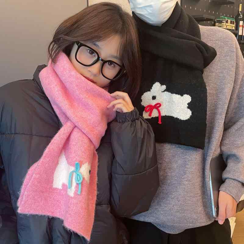マフラー かわいい レディース カップル うさぎ 犬 ニット 保温 ストール 秋冬 ピンク系(x2)
