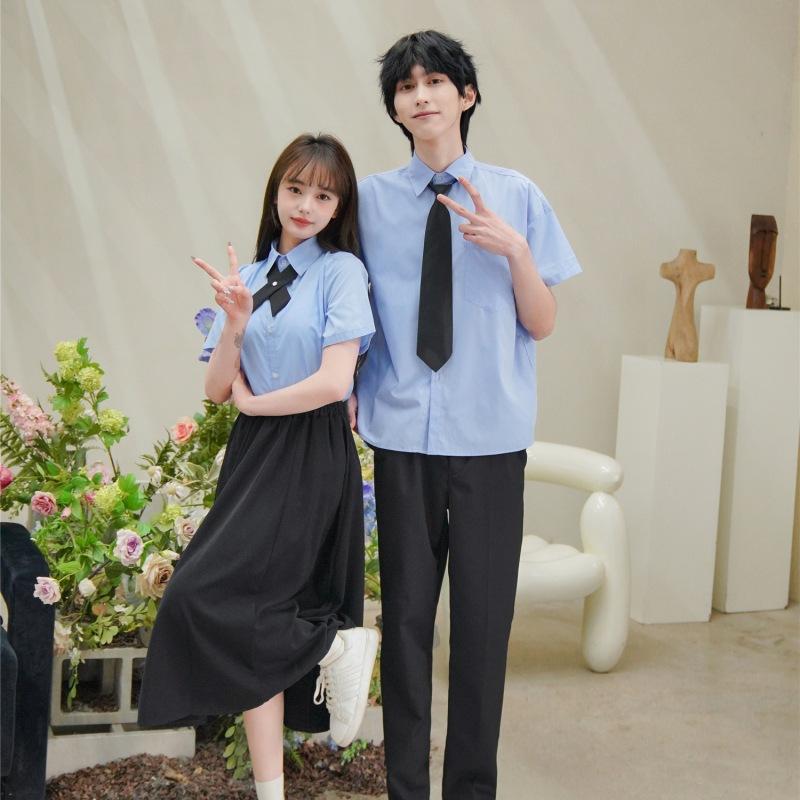 シャツ レディース メンズ スクールシャツ 水色 長袖 半袖 ポリエステル 制服 学生服 ブラウス 大きいサイズ ゆったりサイズ(x2)