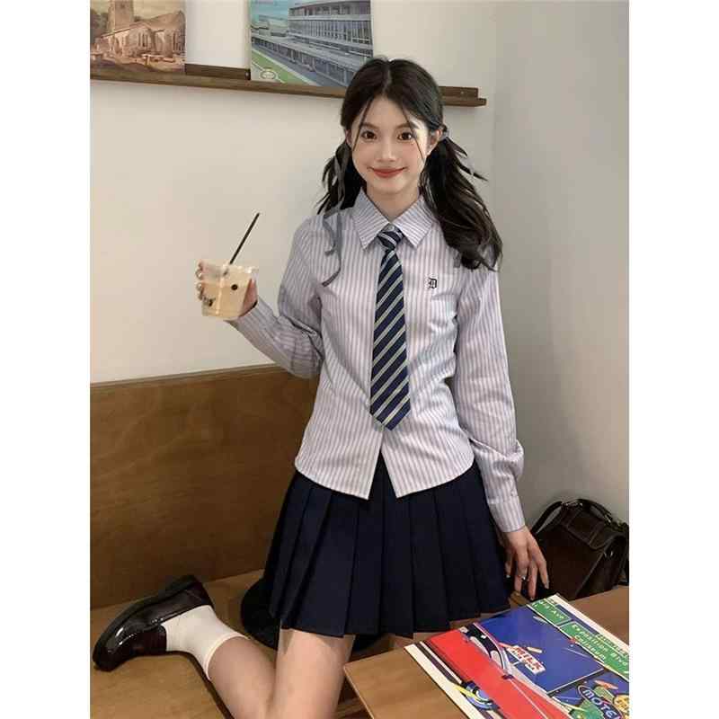 シャツ レディース 制服 長袖 刺繡 ブルー ストライプ 学院風 ブラウス トップス ポリエステル 清新 甘め かわいい XS S M L XL 2XL