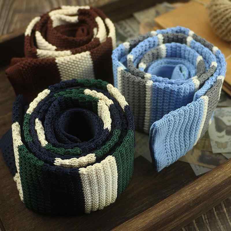 ネクタイ 男性用 ナロータイ 毛糸 ニット 6cm 幅 黒 白 ボーダー ブルー グリーン ストライプ カジュア..