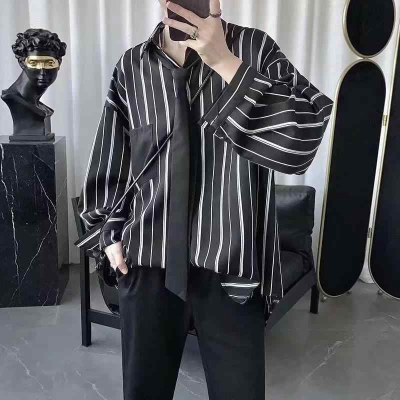 シャツ メンズ ストライプ柄 長袖 ポリエステル 混紡 開襟 襟付き 薄手 春秋 カジュアル トップス ライトアウター 黒 ブラック グレー(4)