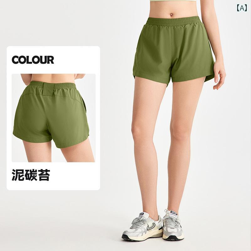 LINEAR shopのヨガパンツ レディース ショートパンツ スポーツ 短パン 接触冷感 ポケット付き トレーニングパンツ ランニング ウェア ポリエステル 無地 ブラック カーキ｜アングル2
