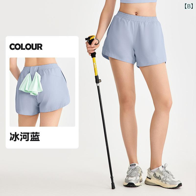 LINEAR shopのヨガパンツ レディース ショートパンツ スポーツ 短パン 接触冷感 ポケット付き トレーニングパンツ ランニング ウェア ポリエステル 無地 ブラック カーキ｜アングル3