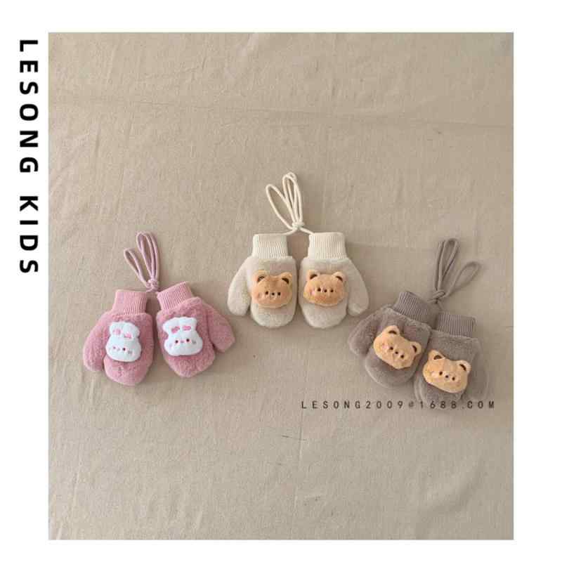 手袋 子供用 秋冬用 防寒 もこもこ かわいい ウサギ 小熊 男の子 女の子 ベビー ミトン 紐付き 1歳 2歳 3歳 4歳 5歳 白 ベージュ ピンク系 グレー
