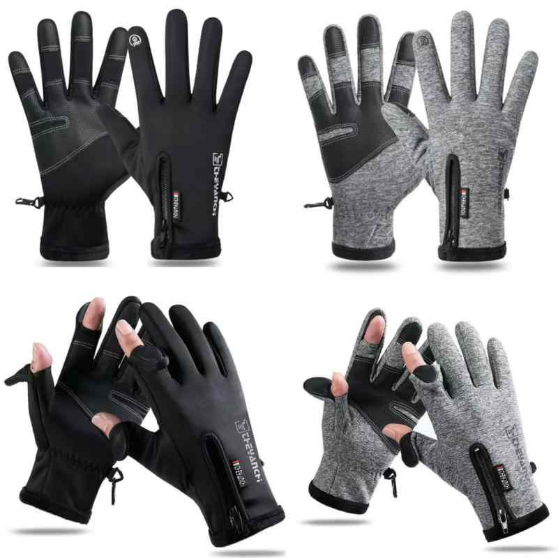 手袋 男性用 女性用 秋冬用 サイクルグローブ 防寒 漏指 滑り止め タッチスクリーン 自転車 アウトドア ナイロン 黒 ブラック グレー(x2)(4)