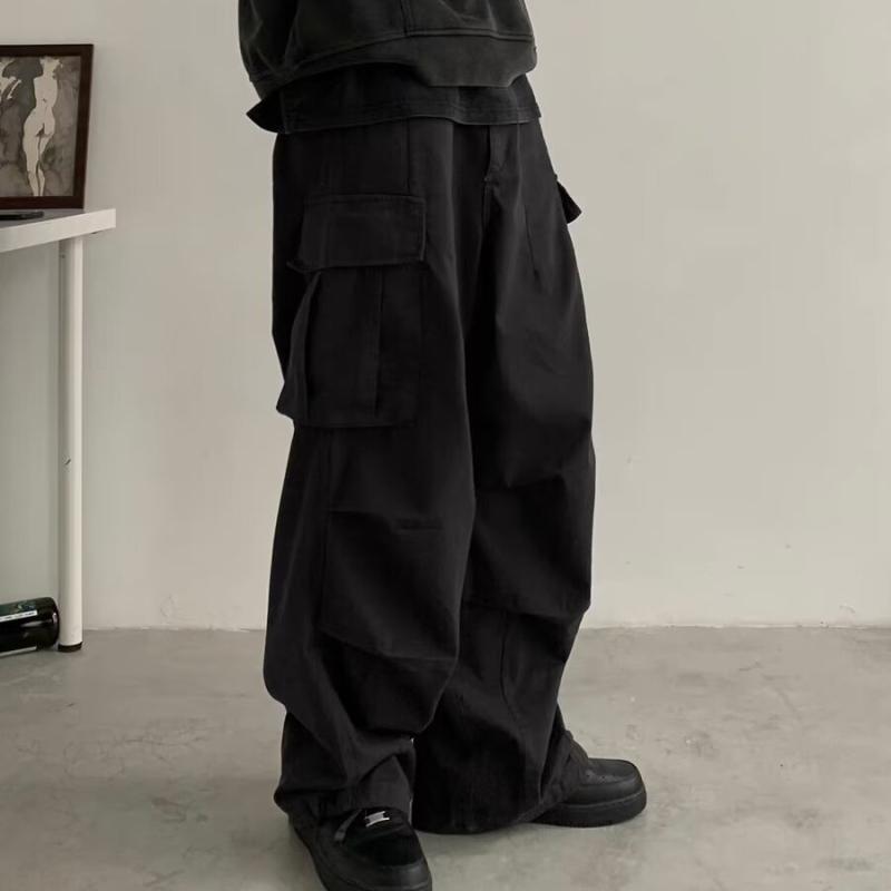 パンツ メンズ アメリカン ретро 春夏 ワークパンツ ワイドレッグ カジュアル ロングパンツ 大容量ポケット 黒 白 ポリエステル