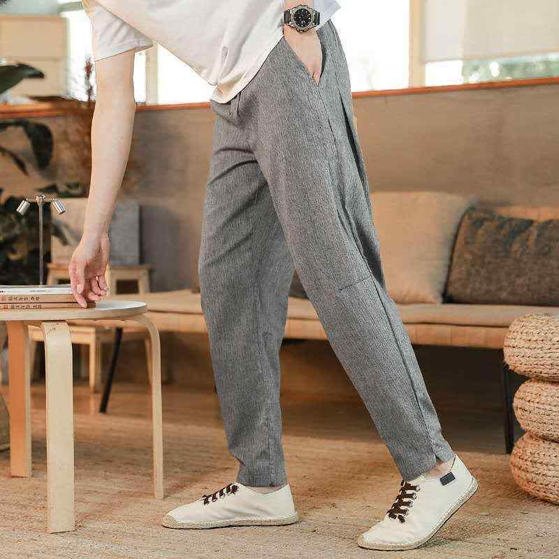 Rakuten - 麻 メンズ リネンパンツ ルーズフィット ストレート イージーパンツ 中国風 コットンリネン サルエルパンツ グレー ブラック ブルー 大码