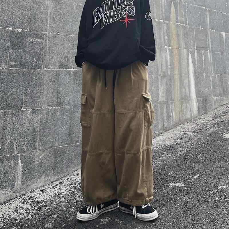 ワークパンツ メンズ 日系 カーゴパンツ ワイドレッグ ストレート ドローストリング パンツ 裾絞りパンツ ゆったり 無地 ミリタリー カーキ ブラック グリーン