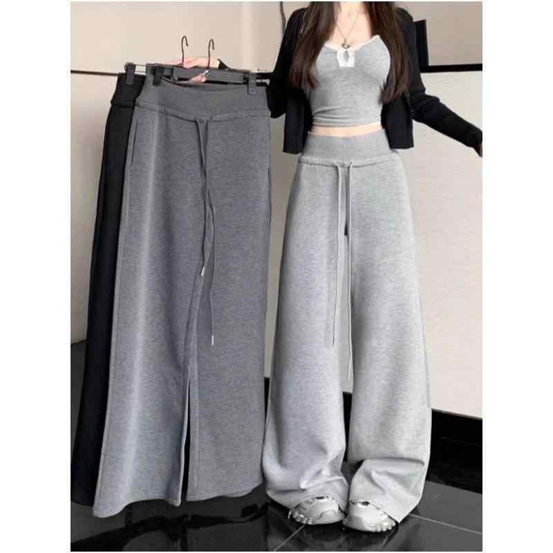パンツ レディース グレー スウェットパンツ ストレートパンツ 春秋 高見え ウエストゴム 美脚 ルーズフィット 普段使い 韓国 ブラック ポリエステル スパンデックス(x2)