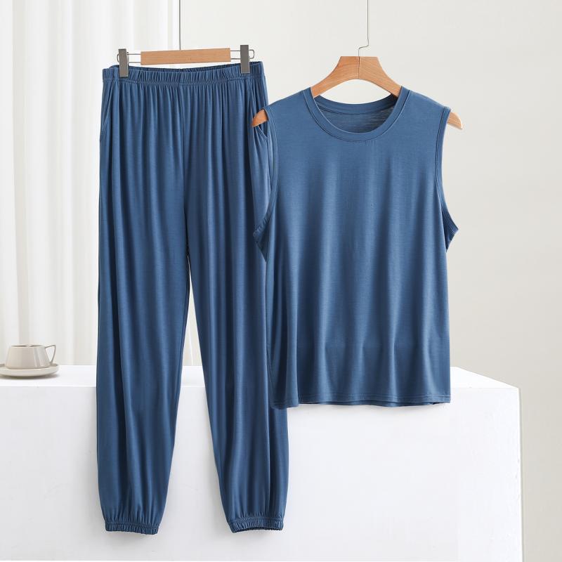 パジャマ メンズ 男性用 夏用 上下セット ノースリーブ モダール 薄手 ロングパンツ リラックス 部屋着 ルームウェア 鉄灰 紺色 大きいサイズ