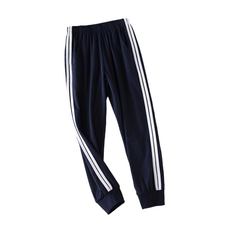 子供用パンツ キッズ 長ズボン 夏 薄手 小学生 紺色 ネイビー 2本ライン リブ 裾 絞り ストレート スポ..