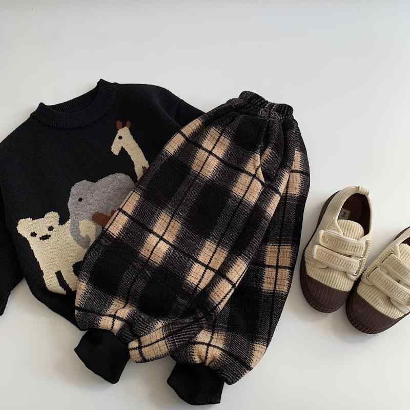 子供用パンツ 冬用パンツ シェニール レトロ チェック柄 リブ 絞り ロングパンツ 黒杏色 90cm 100cm 11..