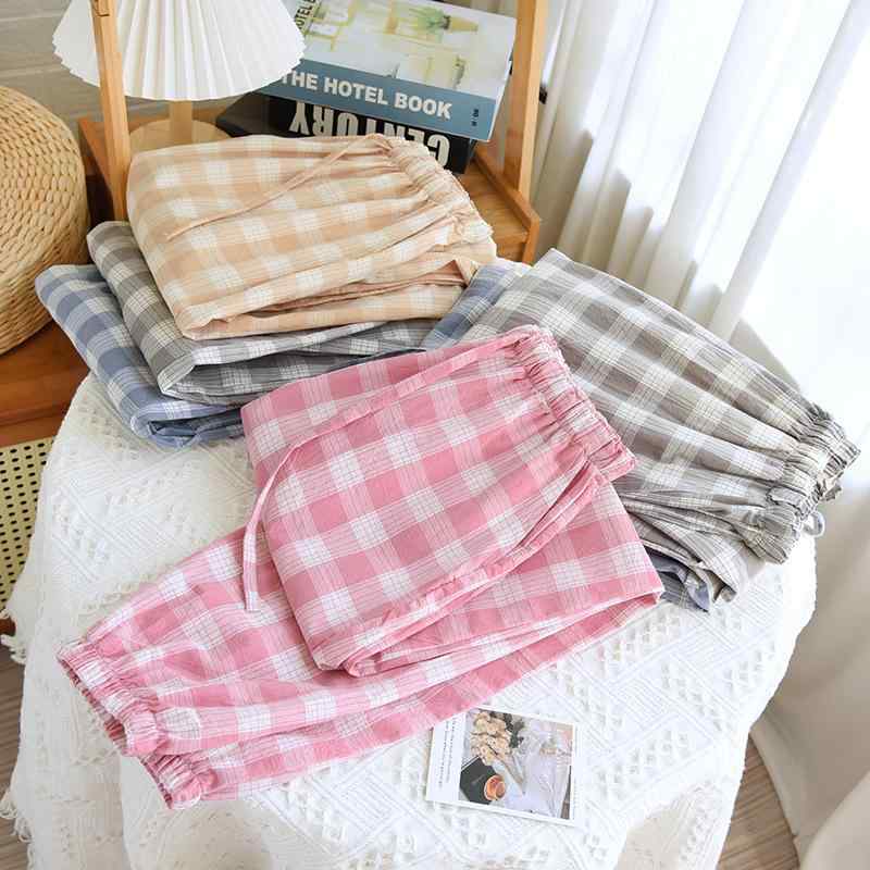 パジャマ レディース メンズ 春秋 薄手 コットン ガーゼ 格子柄 ロングパンツ 裾絞り 部屋着 リラックスパンツ