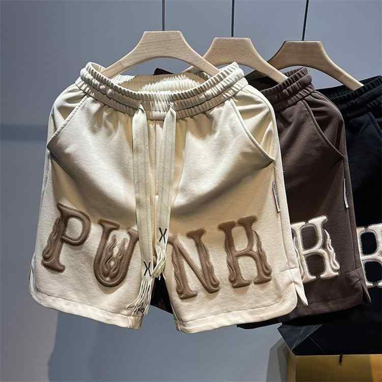 ハーフパンツ メンズ 男性用 イージーパンツ ショートパンツ アメリカンレトロ ロゴ プリント 5分丈パンツ 運動 スポーツ ウェア 普段使い ポリエステル 黒 ブラック ベージュ ブラウン 大きいサイズ