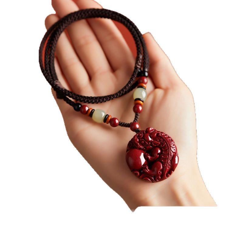 ネックレス メンズ レディース 朱砂 貔貅 ペンダント お守り 開運 招財 本命年 贈り物 紫金砂 帝王砂 晶体砂 立体 双竜扣 レトロ 清新