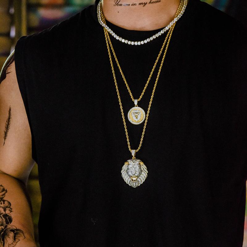 ネックレス メンズ 男性用 ライオンモチーフ ジルコニア 銅製 ペンダント 麻花チェーン 51cm 80cm ヒッ..