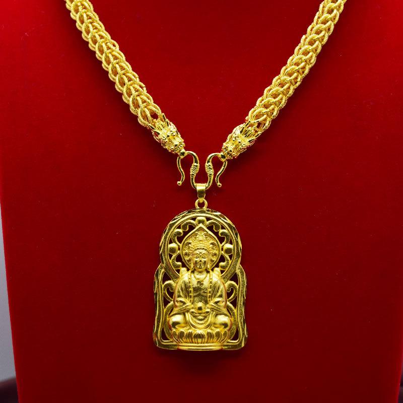 ネックレス メンズ 男性用 観音 仏 鍍金 首飾り ドラゴン 竜 ペンダント 蛇骨チェーン ゴールドカラー(..