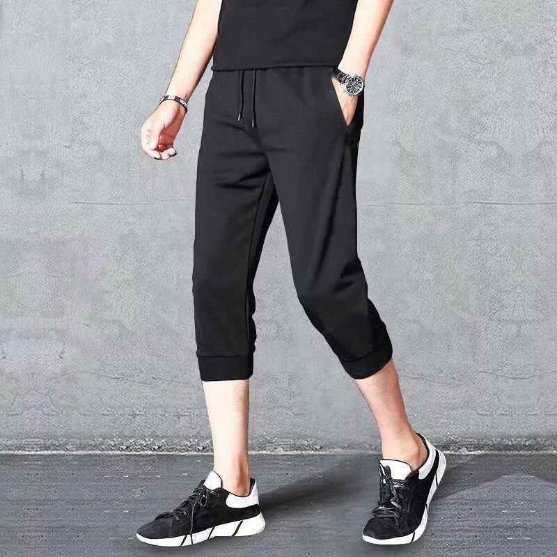 ハーフパンツ メンズ 男性用 無地 伸縮性 スポーツ 短パン 薄手 裾絞り 7分丈パンツ カジュアル テーパードパンツ 黒