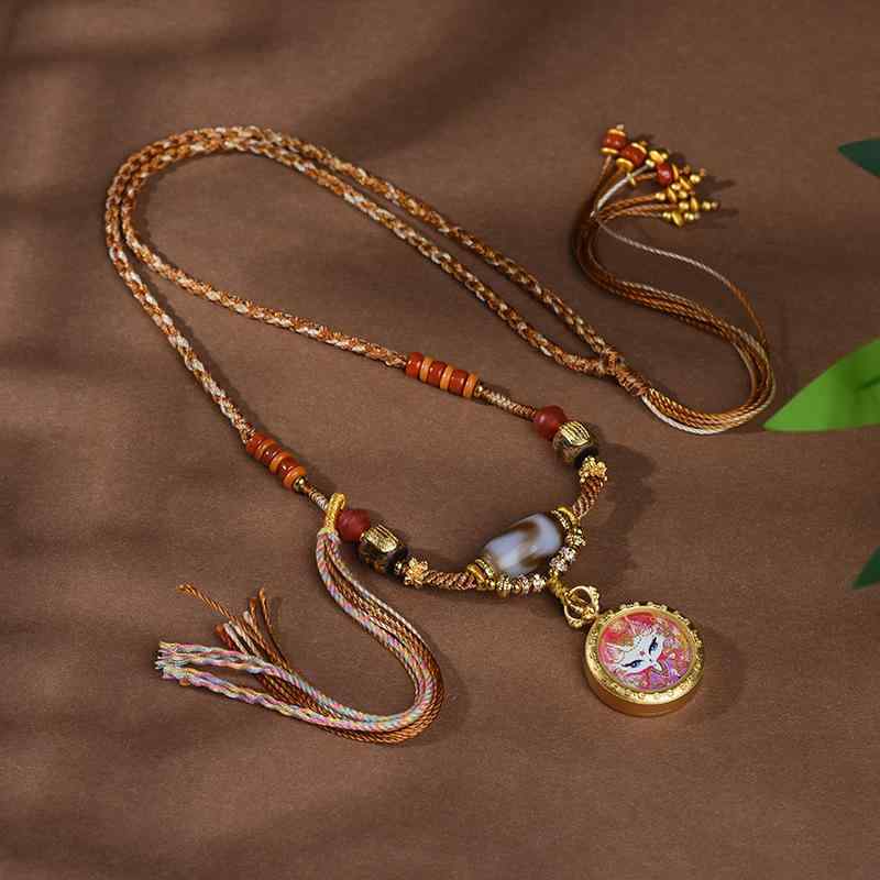 ネックレス 男女兼用 天珠 フォックス ペンダント 手編み 合金 竹節チェーン エスニック アジアン テイ..