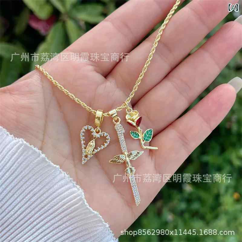 ネックレス メンズ レディース 18K 電気メッキ加工 銅製 ジルコニア クロス 十字架 ローズ バラ ハート モチーフ ペンダント ネックレス 男女兼用 アクセサリー(x2)
