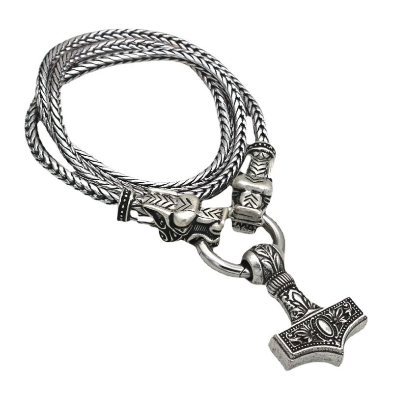 ネックレス メンズ バイキング 雷神トール ハンマー ペンダント オーディン お守り アメリカ ジュエリー レトロ銀 蛇骨チェーン 長め