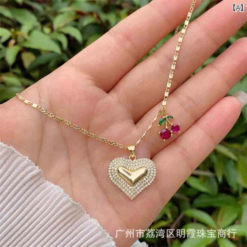 ネックレス メンズ レディース 18K 金メッキ 銅製 ジルコニア ハート さくらんぼ ボックスチェーン ペンダント 普段使い 男女兼用 アクセサリー(x2)